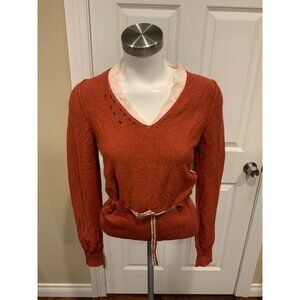 HWR Rust Brown V-Neck Sweater W/ Lace Trim, Size Medium